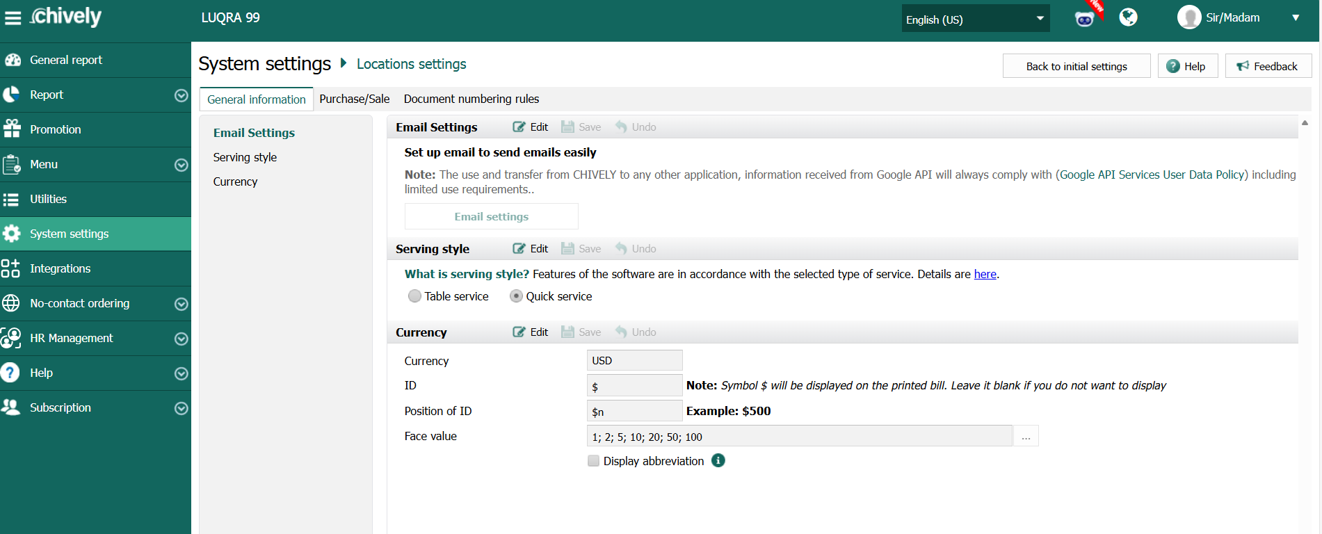 Service charge settings on the Chively management page