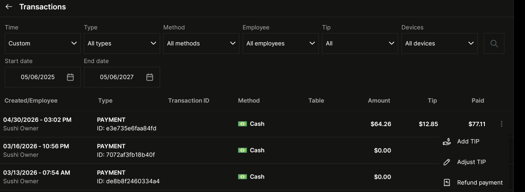 POS Transactions screen with order list