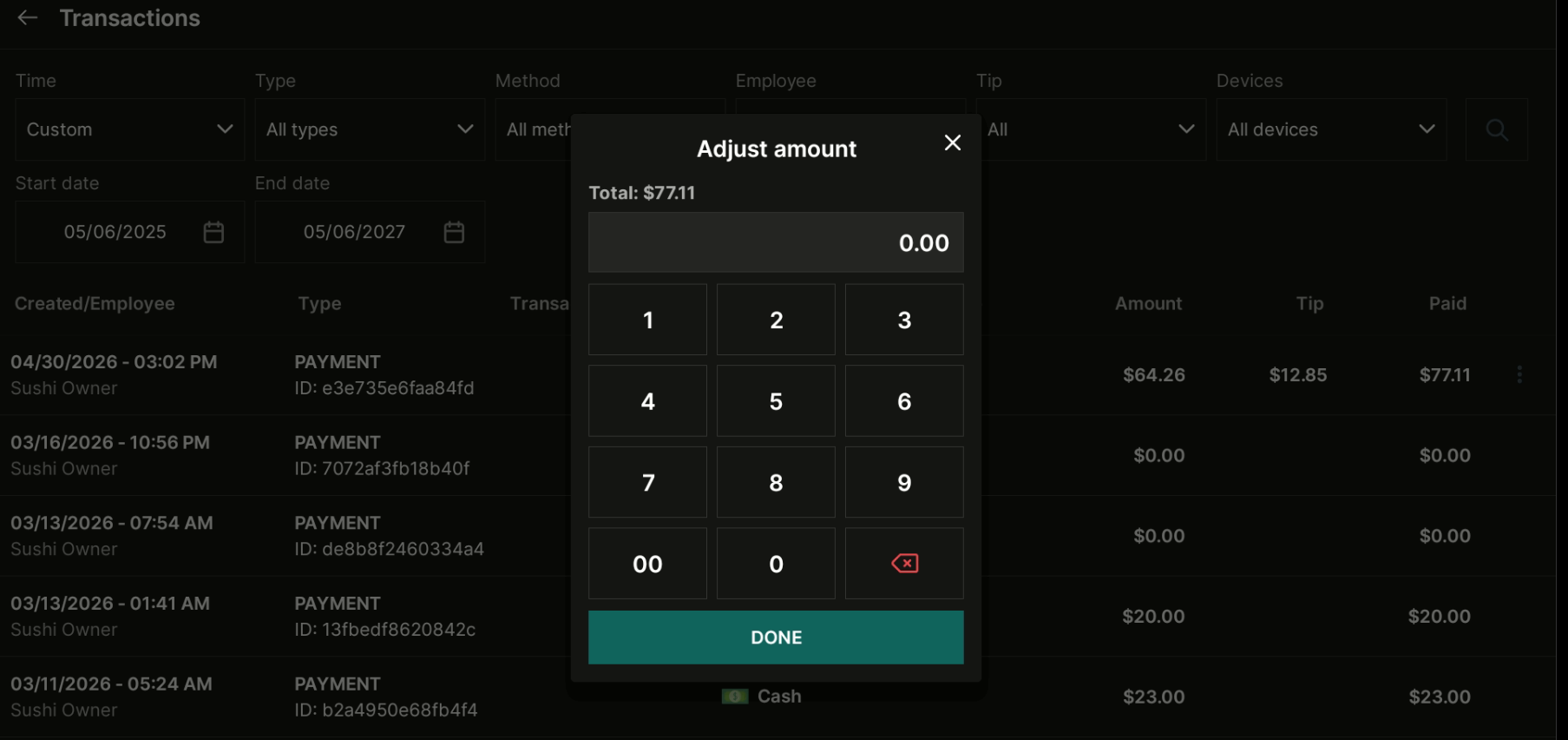 Adjust tip amount dialog