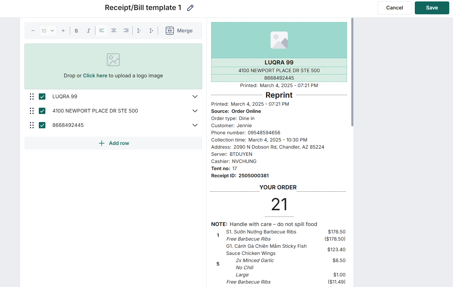 Printer template settings in the Chively management page
