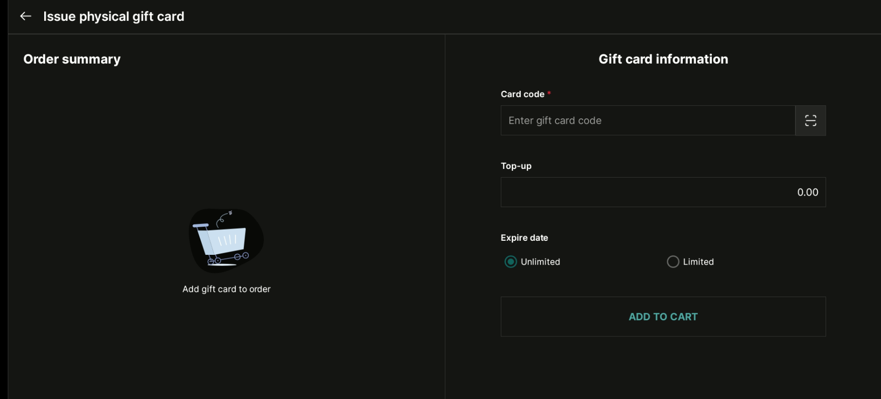 Gift card configuration and template settings