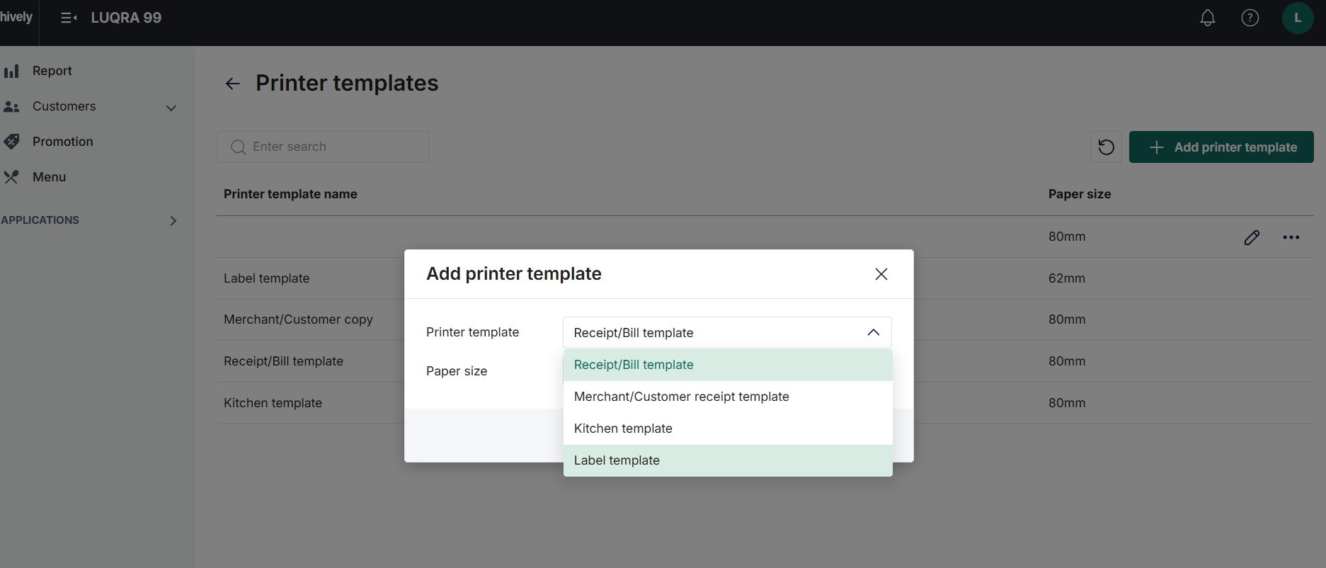 Label printing template setup